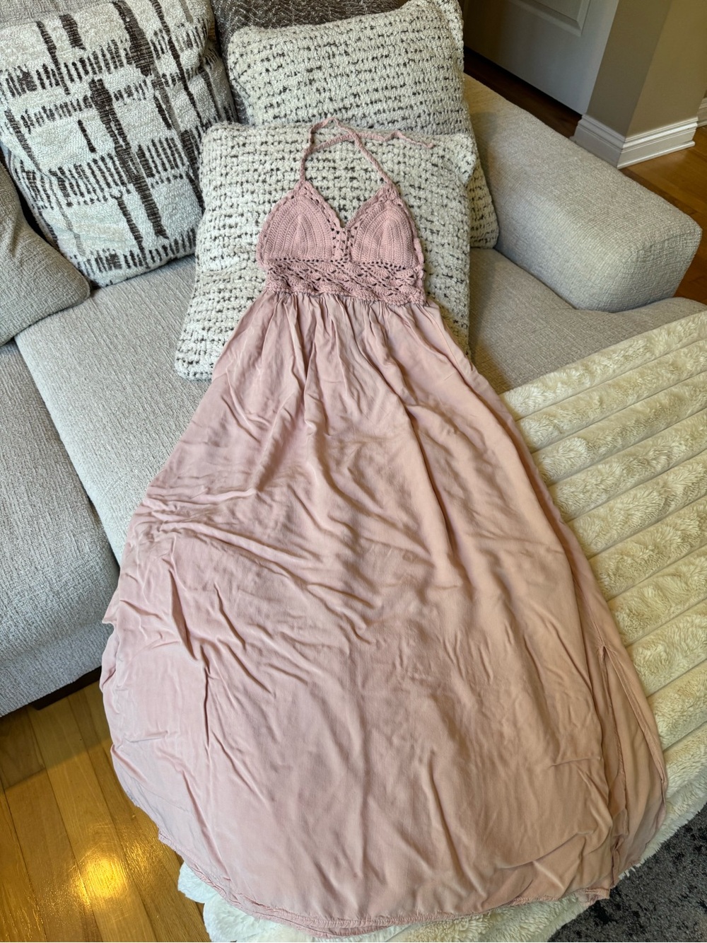 Lil better pink crochet halter maxi dress